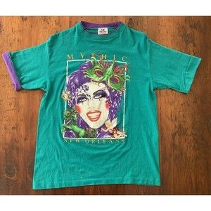 Vintage 1991 Mythic Mardi Gras New Orleans T Shirt Mistretta Teal Green Medium